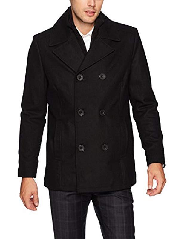 Lyst - Kenneth Cole Double Breasted Wool Peacoat With Rib Knit Bib in ...