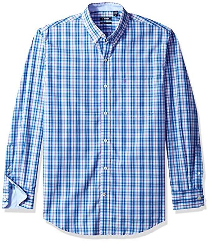 Izod Button Down Long Sleeve Stretch Performance Plaid Shirt in Blue ...