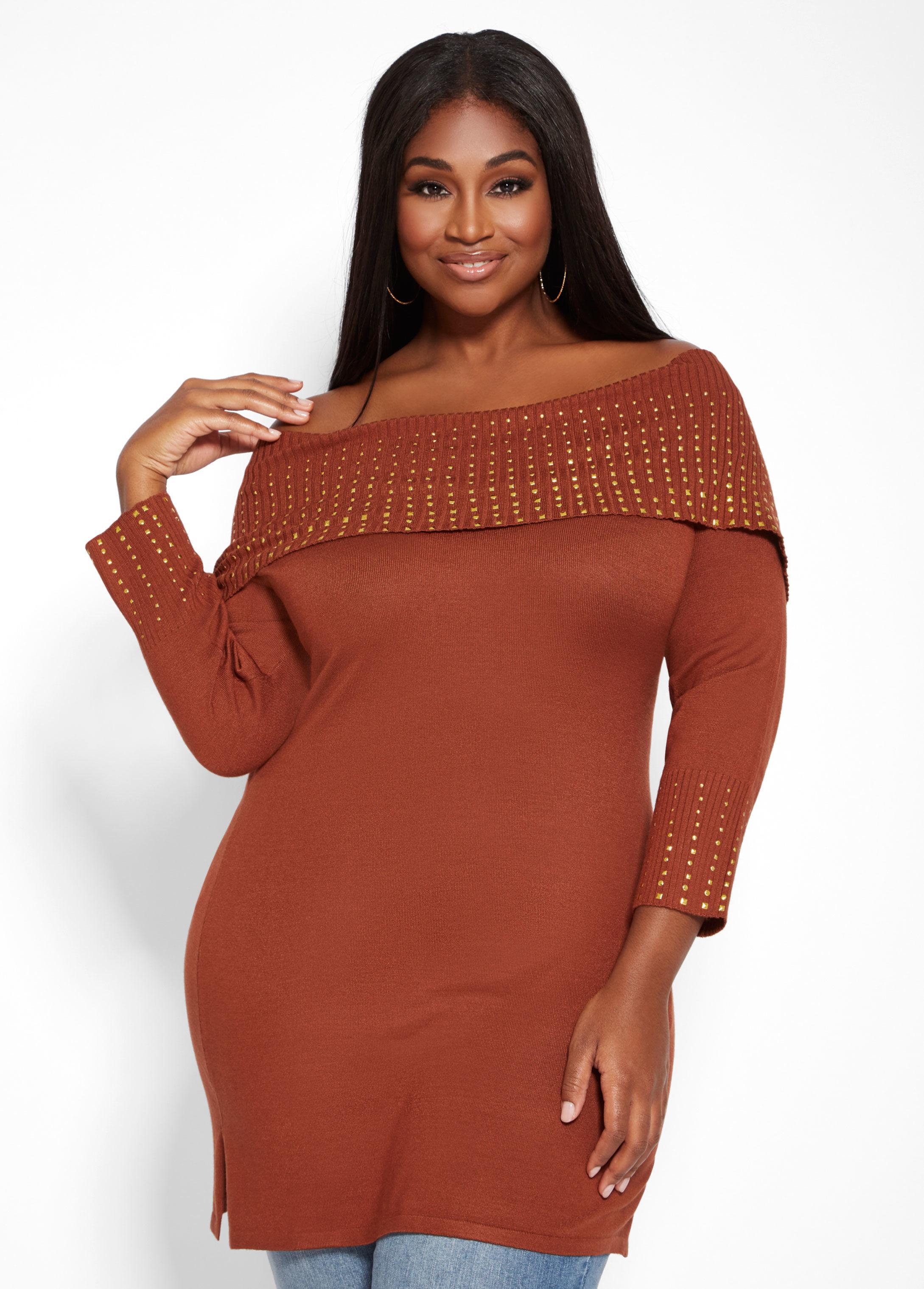 Ashley Stewart Plus Size Studded Off The Shoulder Sweater Lyst