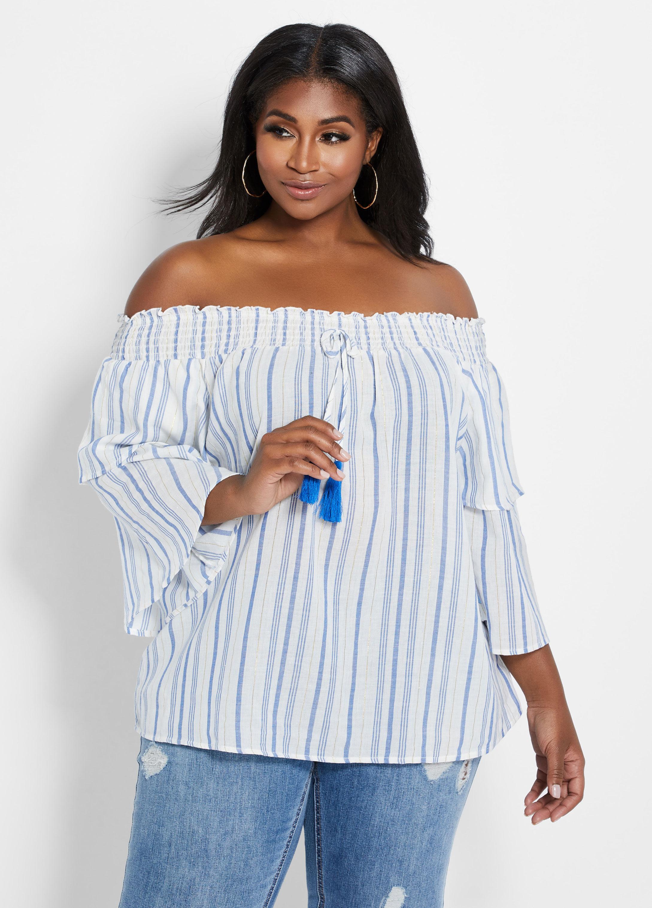 Ashley Stewart Plus Size Striped Offtheshoulder Tiered Sleeve Top in