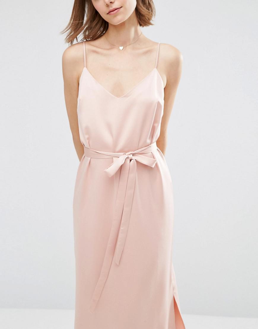 Lyst Asos Midi Slip Dress In Satin With Tie Waist in Pink