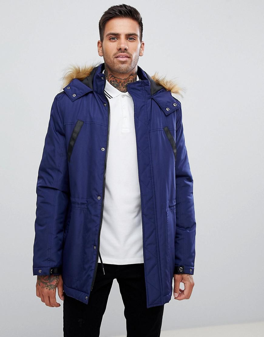 Lyst - Asos Parka Jacket With Faux Fur Trim In Navy in Blue for Men