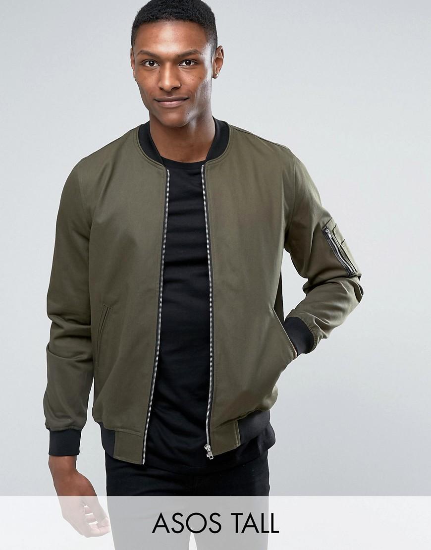 Lyst - Asos Tall Bomber Jacket With Sleeve Zip In Khaki in Green for Men