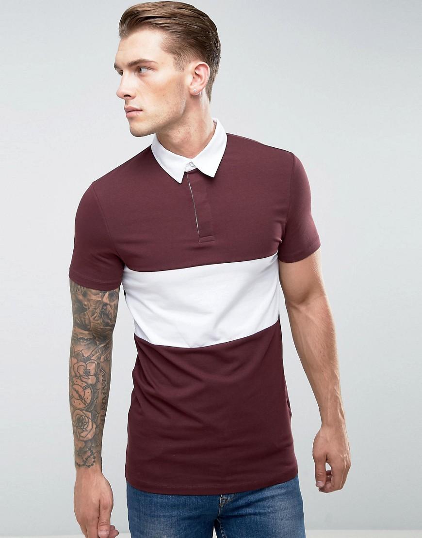 Asos Longline Muscle Rugby Polo Shirt In Oxblood With Contrast Panel in ...
