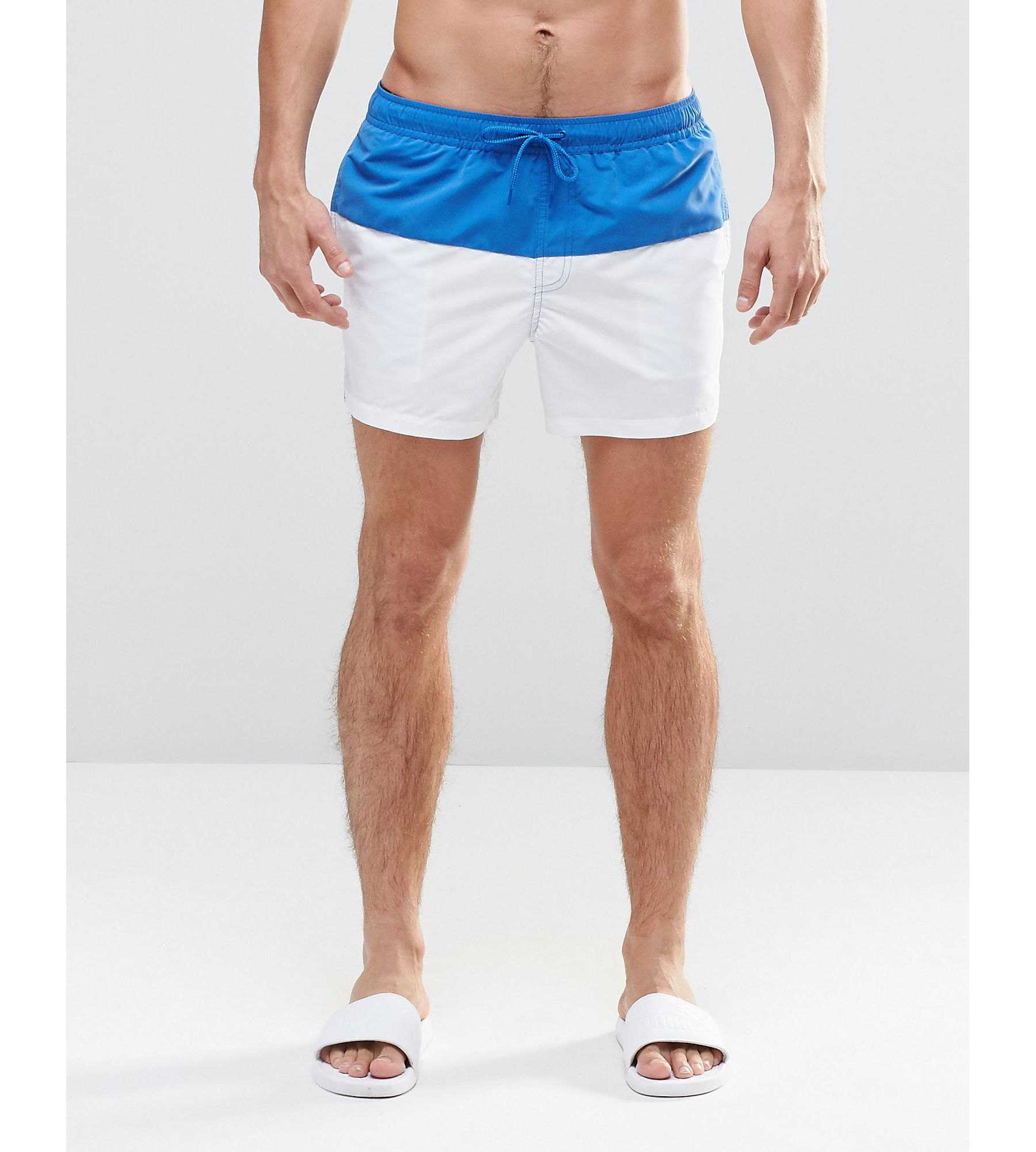 Asos Swim Shorts In White With Blue Panel In Short Length in Blue for