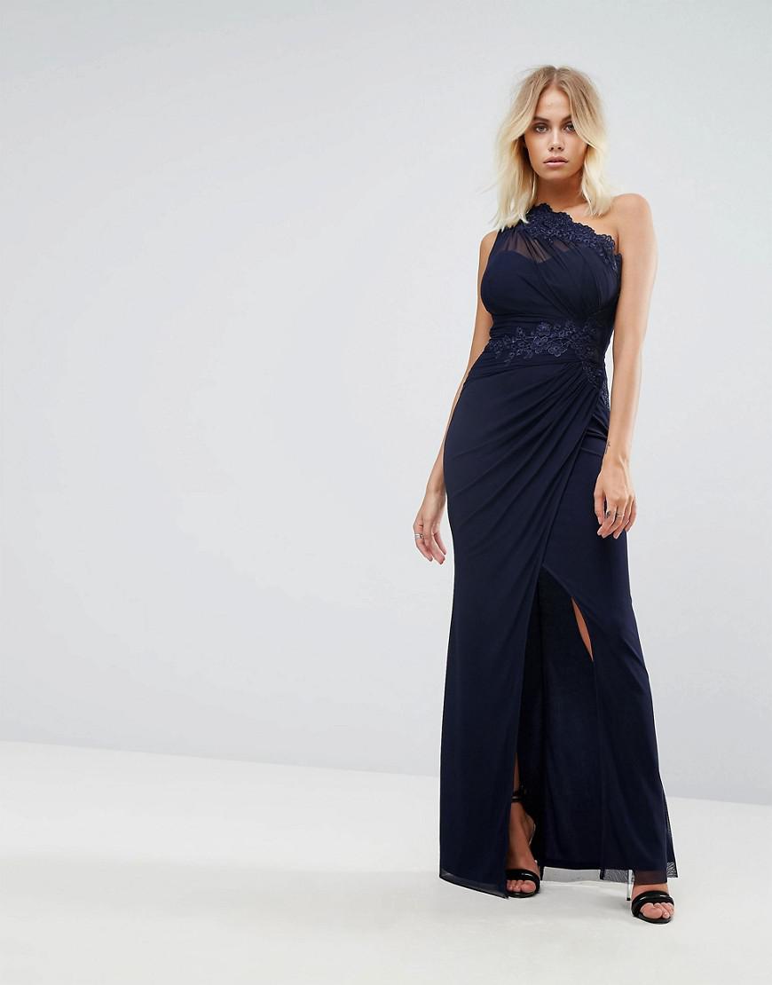 Lyst - Lipsy One Shoulder Maxi Dress With Sheer Hem in Blue