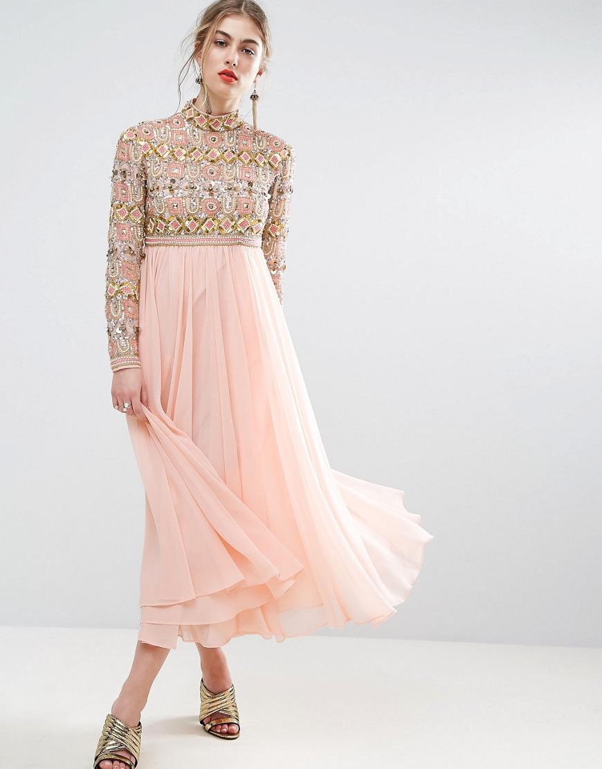ASOS Salon High Neck Embellished Midi Skater Dress With
