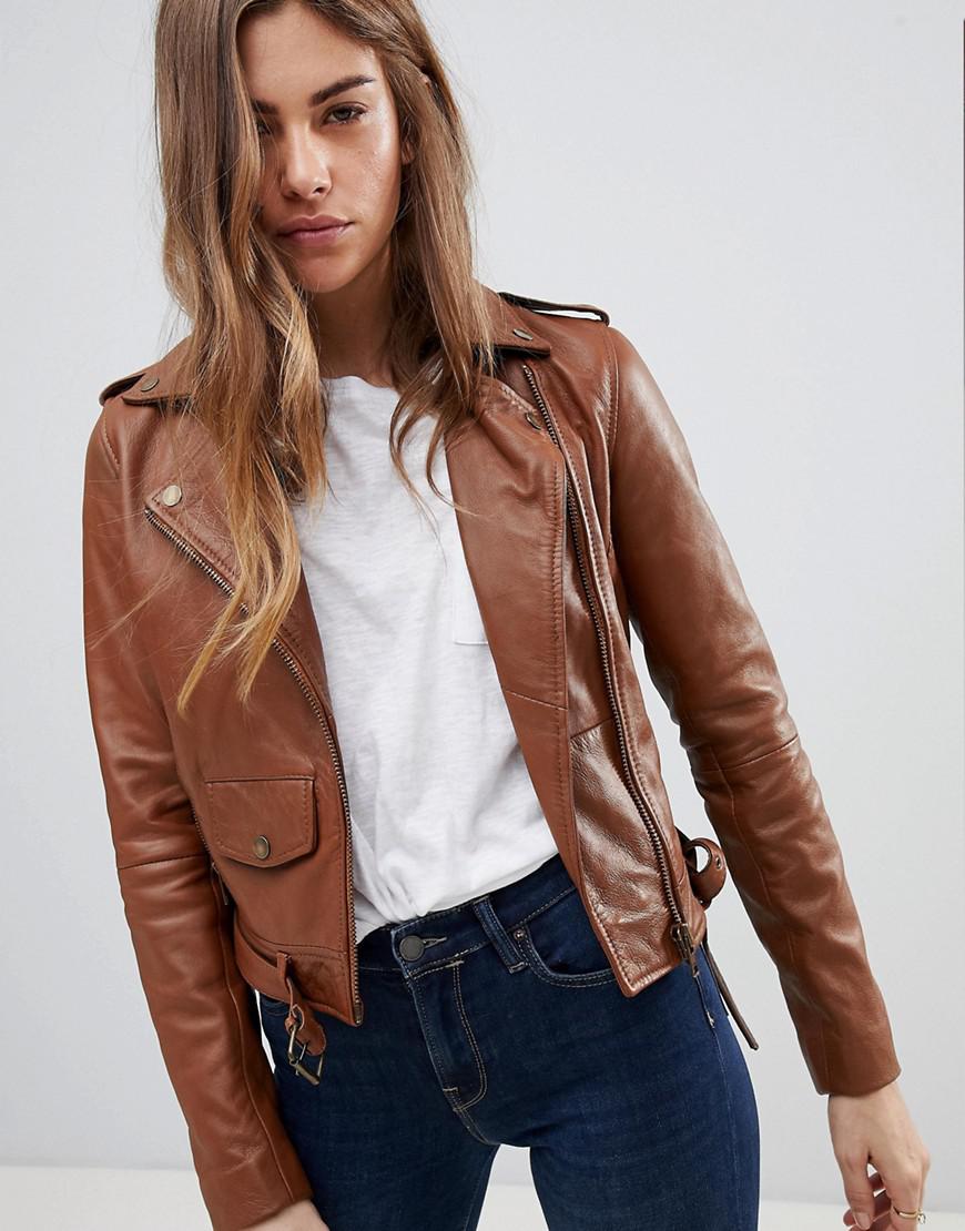 Barney S Originals Leather Biker Jacket With Diagonal Zip Detail In Barneys Originals Women S Brown Leather Biker Jacket