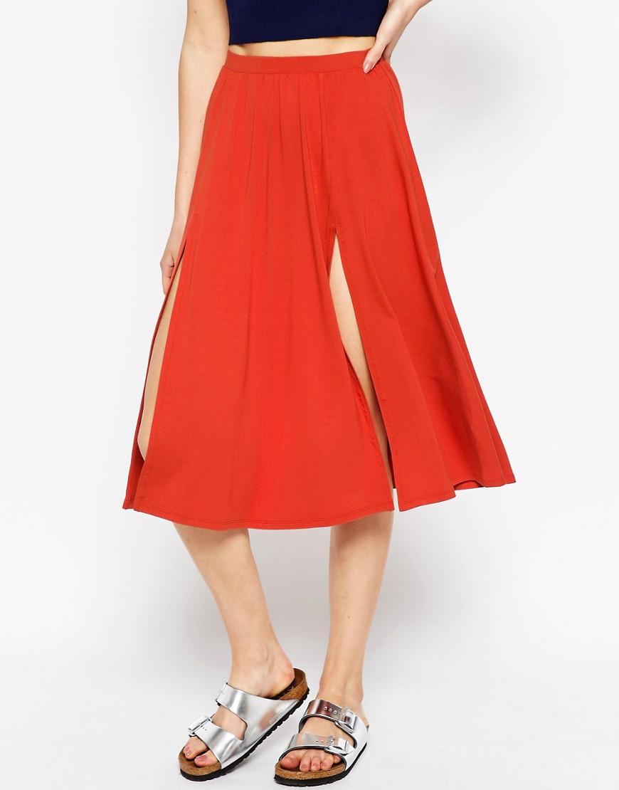 Lyst Asos Midi Skirt With Splices In Orange