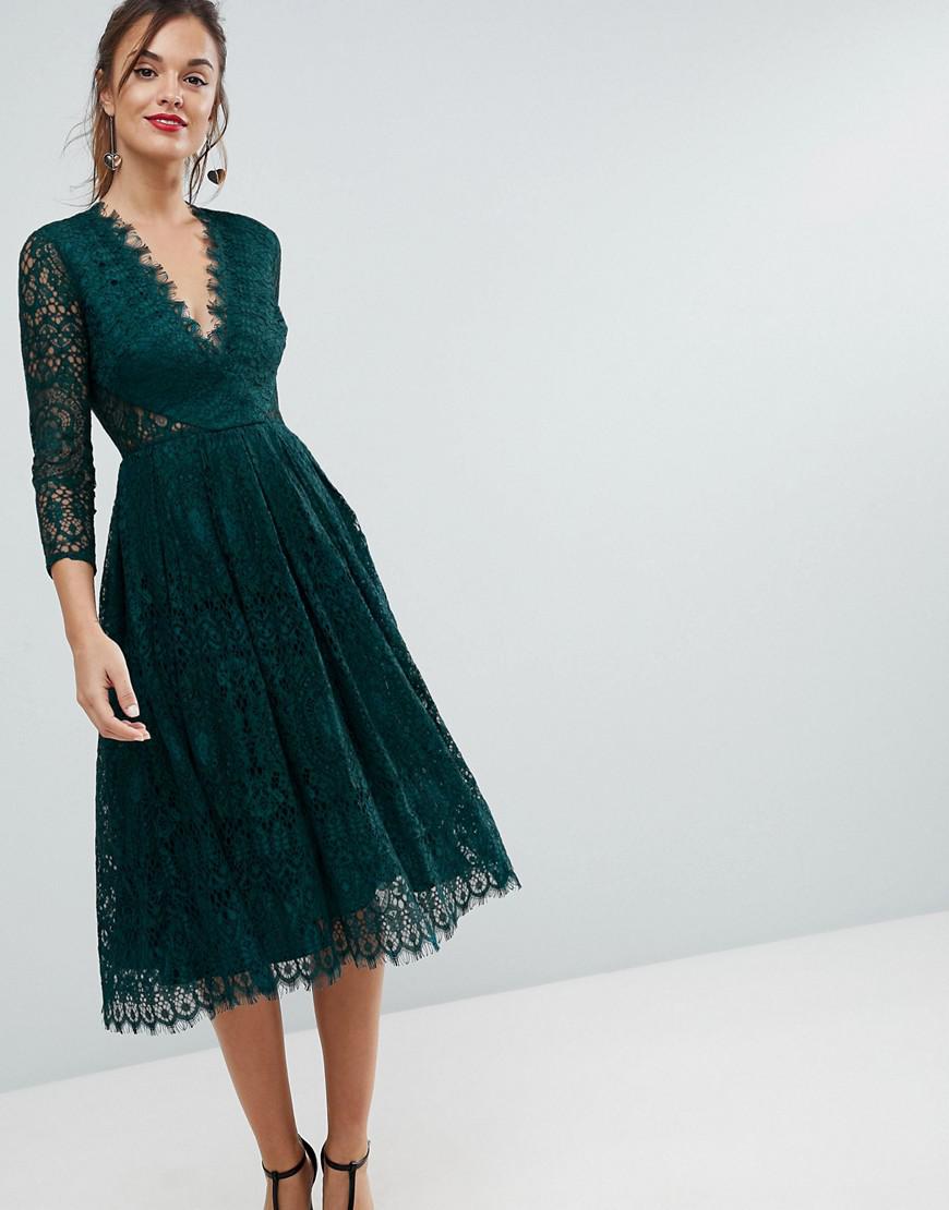 Lyst Asos Long Sleeve Lace Midi Prom Dress  in Green