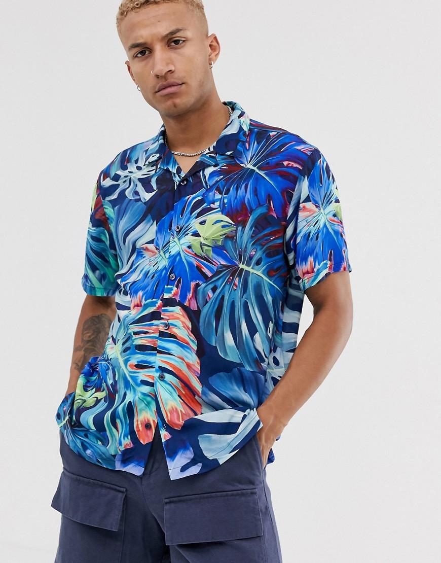 Bershka Short Sleeve Shirt With Multi Leaf Print in Blue for Men - Lyst