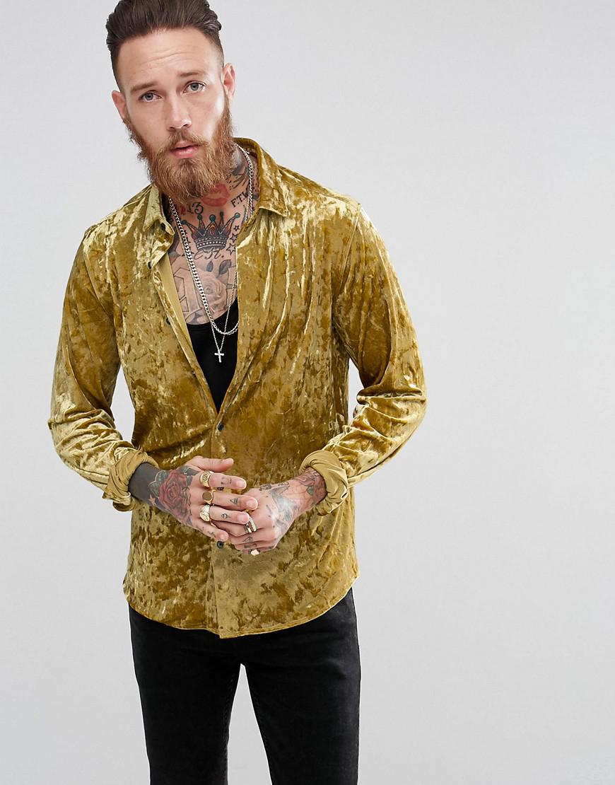 Lyst - Asos Regular Fit Crushed Velvet Shirt In Gold in Metallic for Men