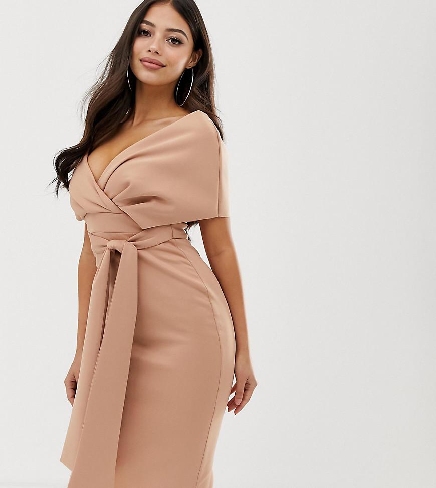 Lyst - ASOS Asos Design Petite Fallen Shoulder Midi Pencil Dress With Tie Detail in Black