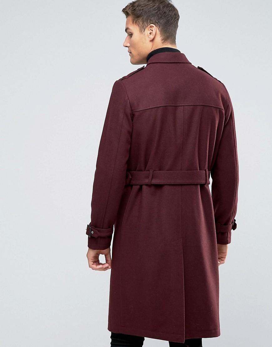 Lyst - Asos Wool Mix Belted Double Breasted Overcoat In Burgundy in Red ...