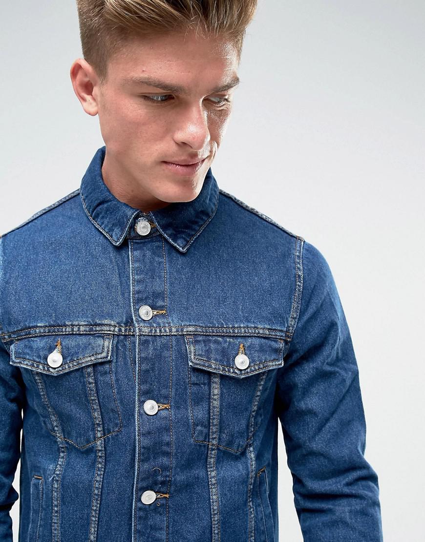 Lyst - Bershka Regular Fit Denim Jacket In Mid Wash in Blue for Men