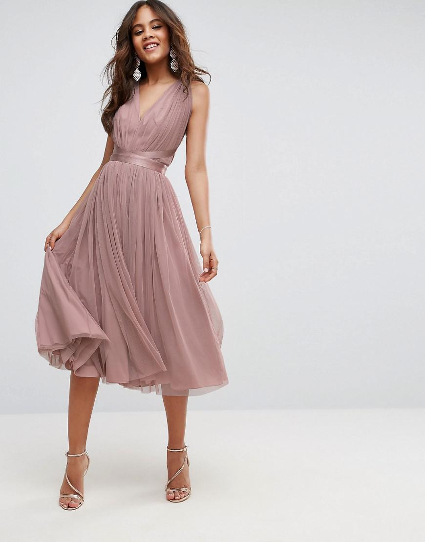 Lyst Asos Premium Tulle Midi Prom Dress With Ribbon Ties In Pink Gallery