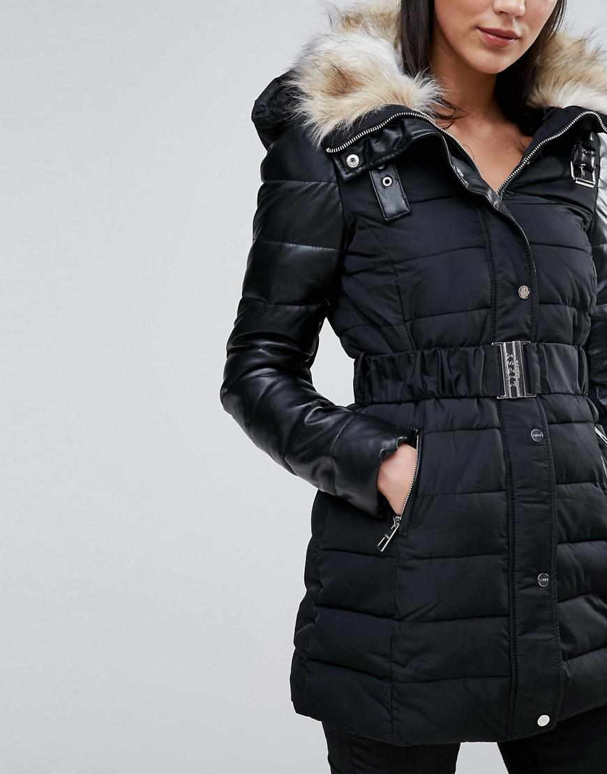 Lyst - Lipsy Quilted Belted Parka With Faux Fur Hood in Black