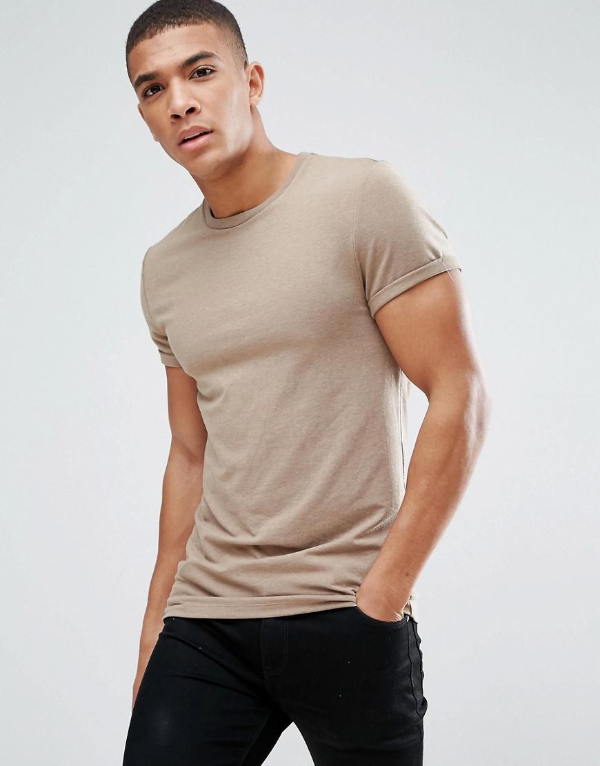 Lyst - Asos Muscle Fit T-shirt With Crew Neck And Roll Sleeve in Brown ...