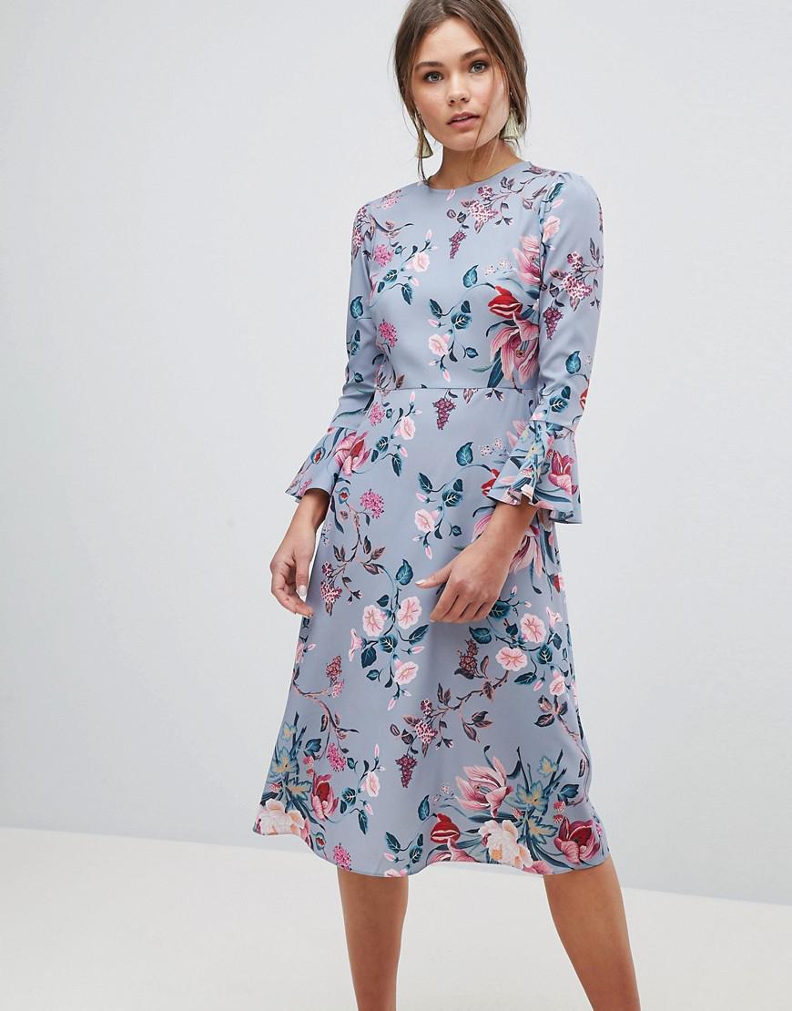 ASOS Asos Fluted Sleeve Midi Dress In Pretty Floral in Blue - Lyst