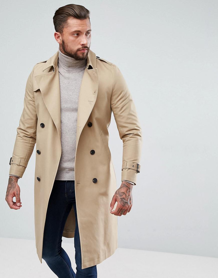 Lyst - Asos Shower Resistant Longline Trench Coat With Belt In Stone in ...