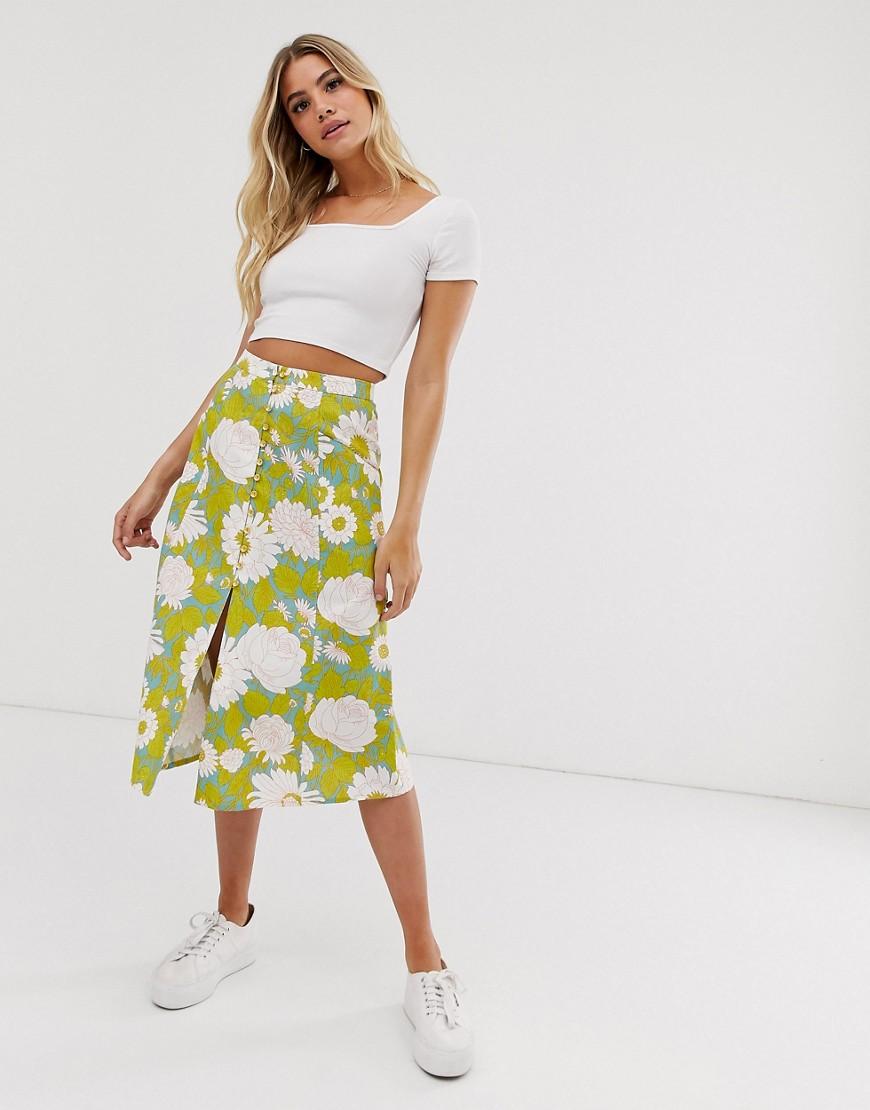 ASOS Button Front Midi Skirt In Vintage Floral Print in Yellow - Lyst