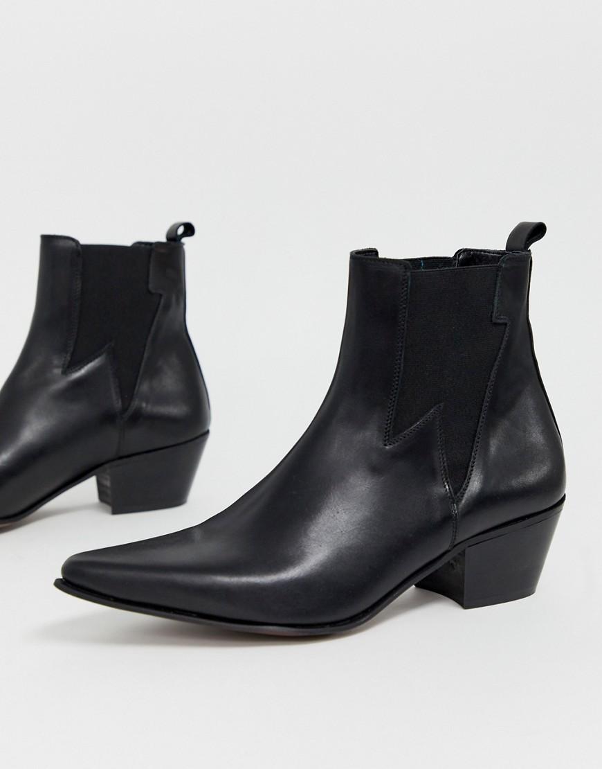 ASOS Cuban Heel Western Chelsea Boots In Black Leather With Lightning ...