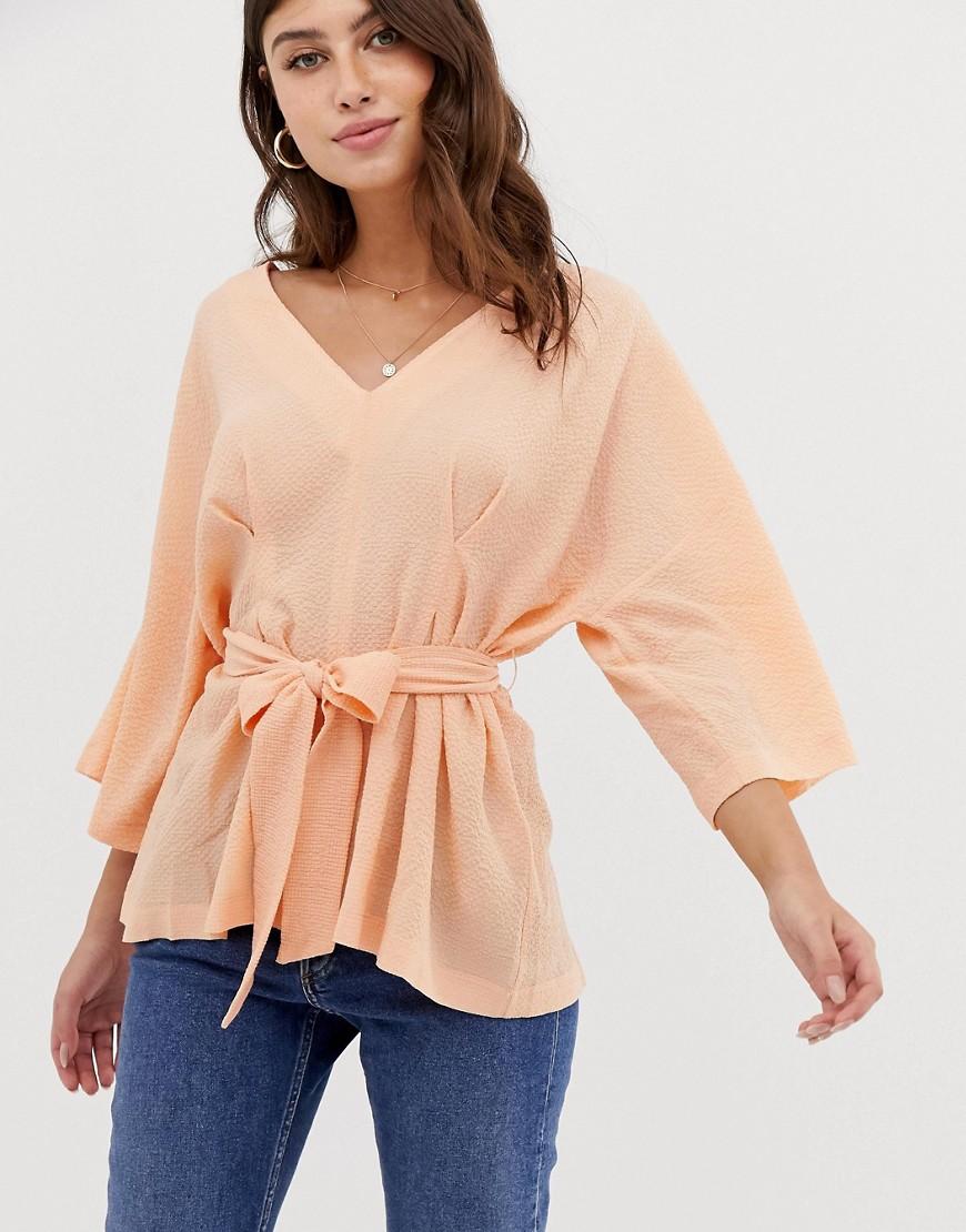 ASOS Textured 3/4 Sleeve Oversized Top With V Neck And Tie Waist in ...