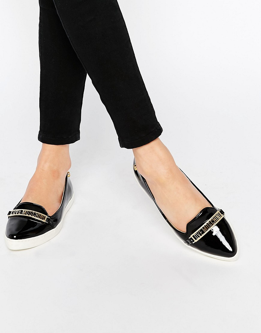 Love moschino Black Pointed Toe Flat Shoes in Black | Lyst