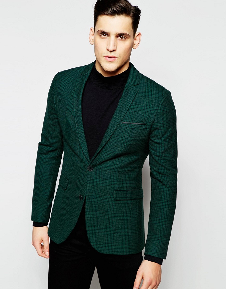 Lyst - Asos Super Skinny Blazer In Green Prince Of Wales ...