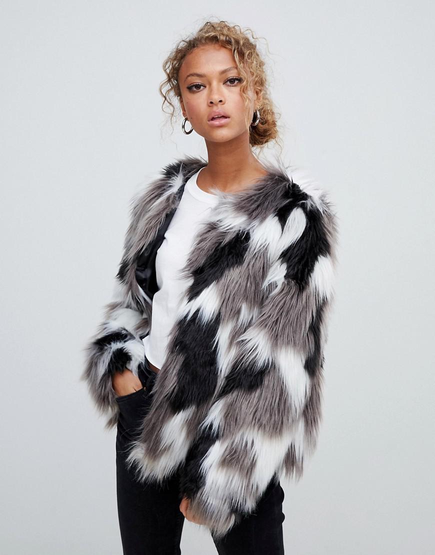 New Look Tonal Faux Fur Collarless Coat In Gray Lyst New Look Women S Gray Tonal Faux Fur Collarless Coat