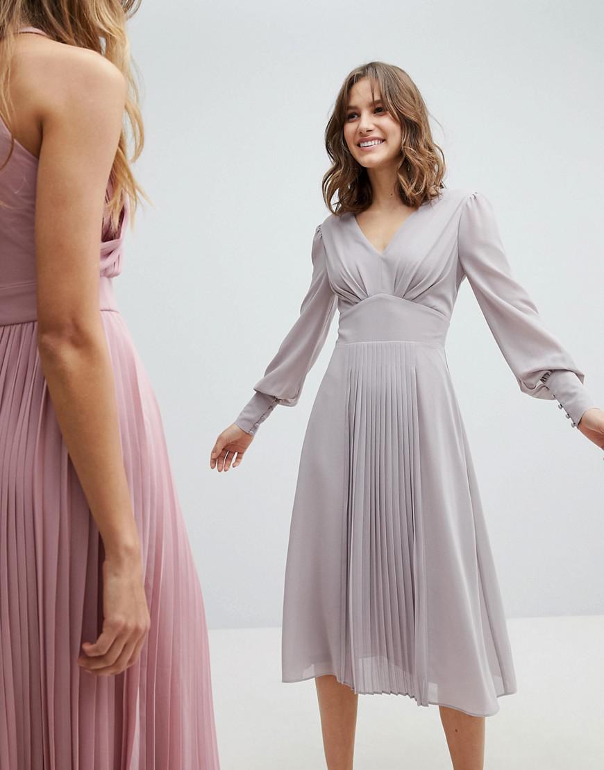 tfnc Grey Wedding Long Sleeve Midi Dress With Pleated Skirt