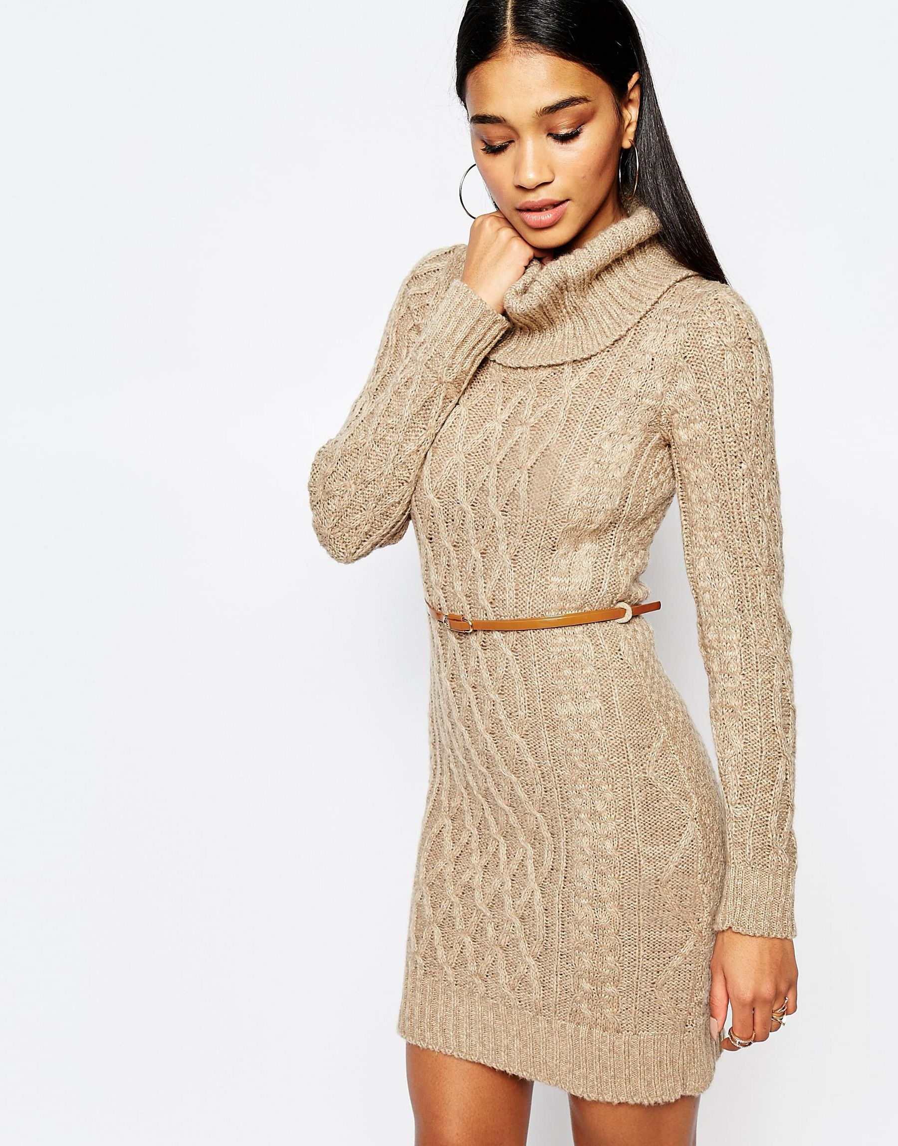 Lipsy Cable Knit Dress With Cowl Neck In Brown Tan Lyst