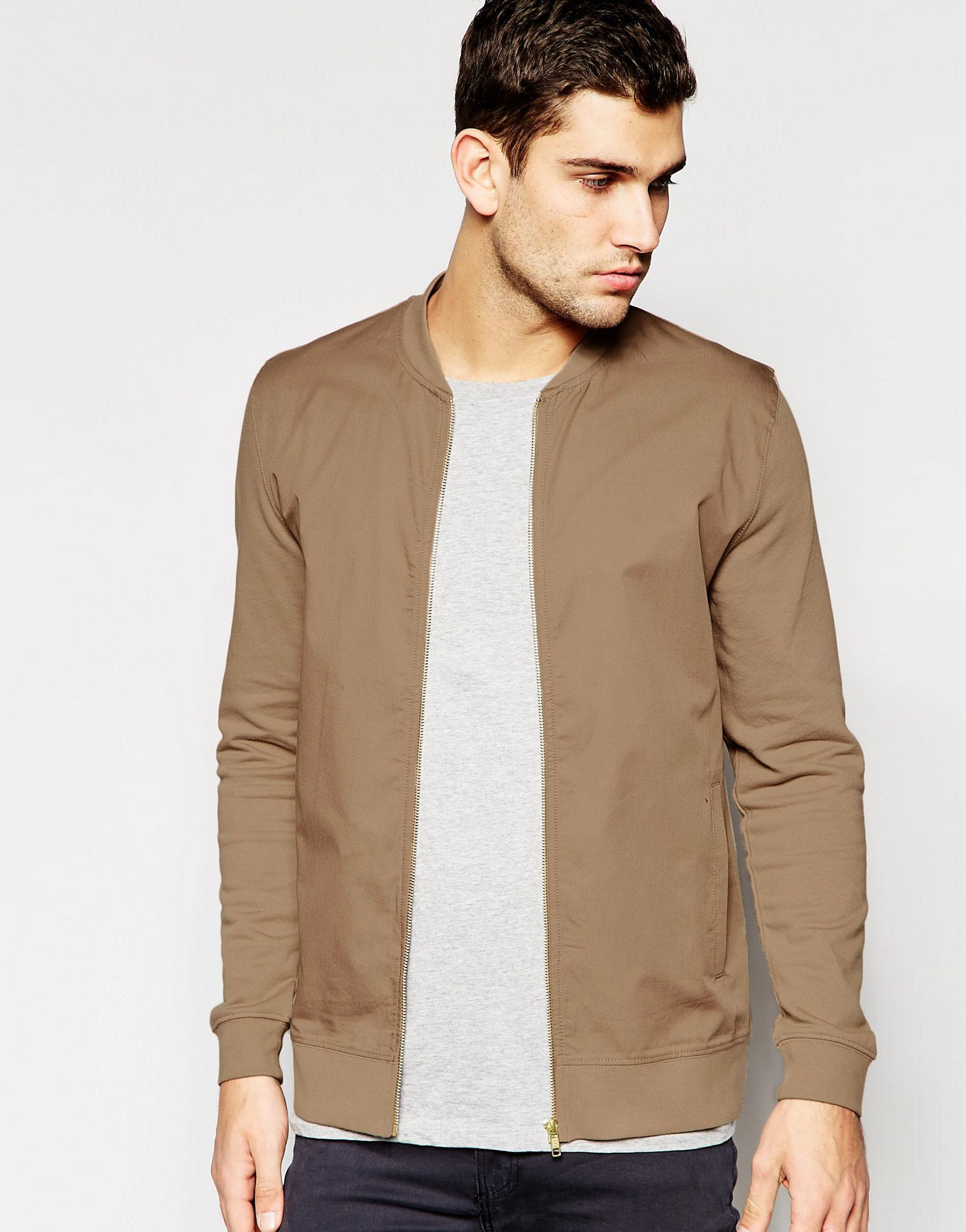 Lyst - ASOS Jersey Bomber Jacket With Woven Front In Camel - Camel in ...