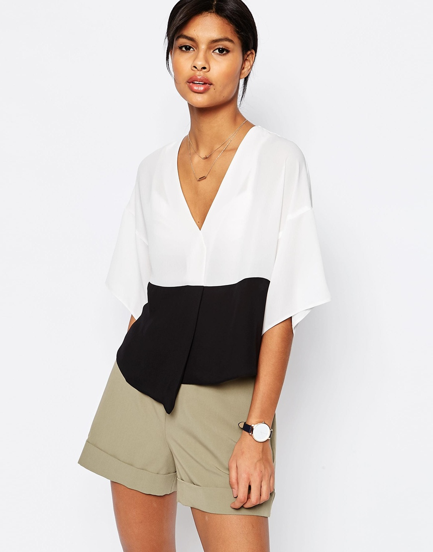 asos mono colour block cropped obi blouse in black lyst asos mono colour block cropped obi blouse in black lyst