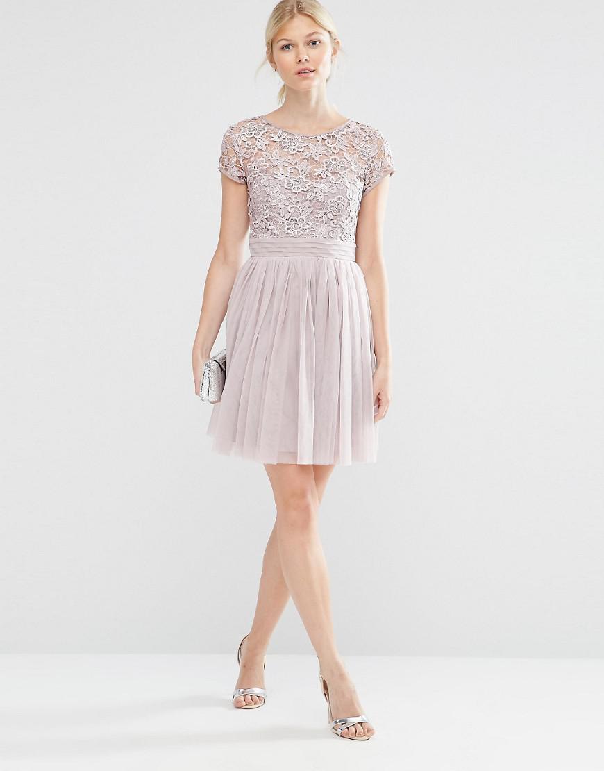 Little Mistress Short Sleeve Lace Bodice Mini Dress With Tulle Skirt In Pink Lyst