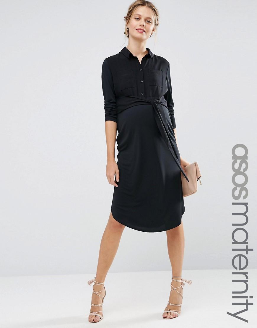 Lyst - Asos Midi Shirt Dress With Tie Front in Gray