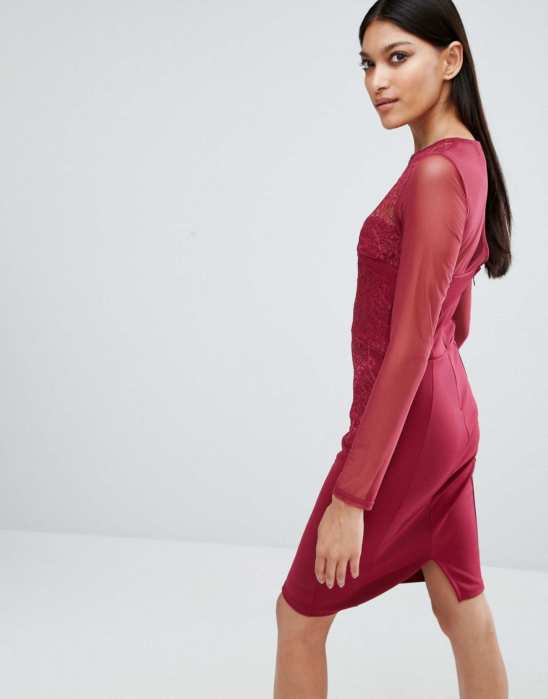 Lyst - Lipsy Michelle Keegan Loves Long Sleeve Lace Midi Dress in Red