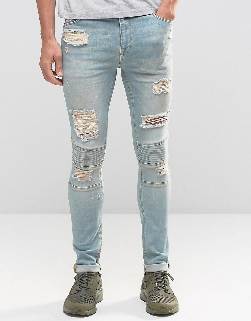 Asos Super Skinny Jeans With Rips In Biker Style Light Wash - Blue in ...