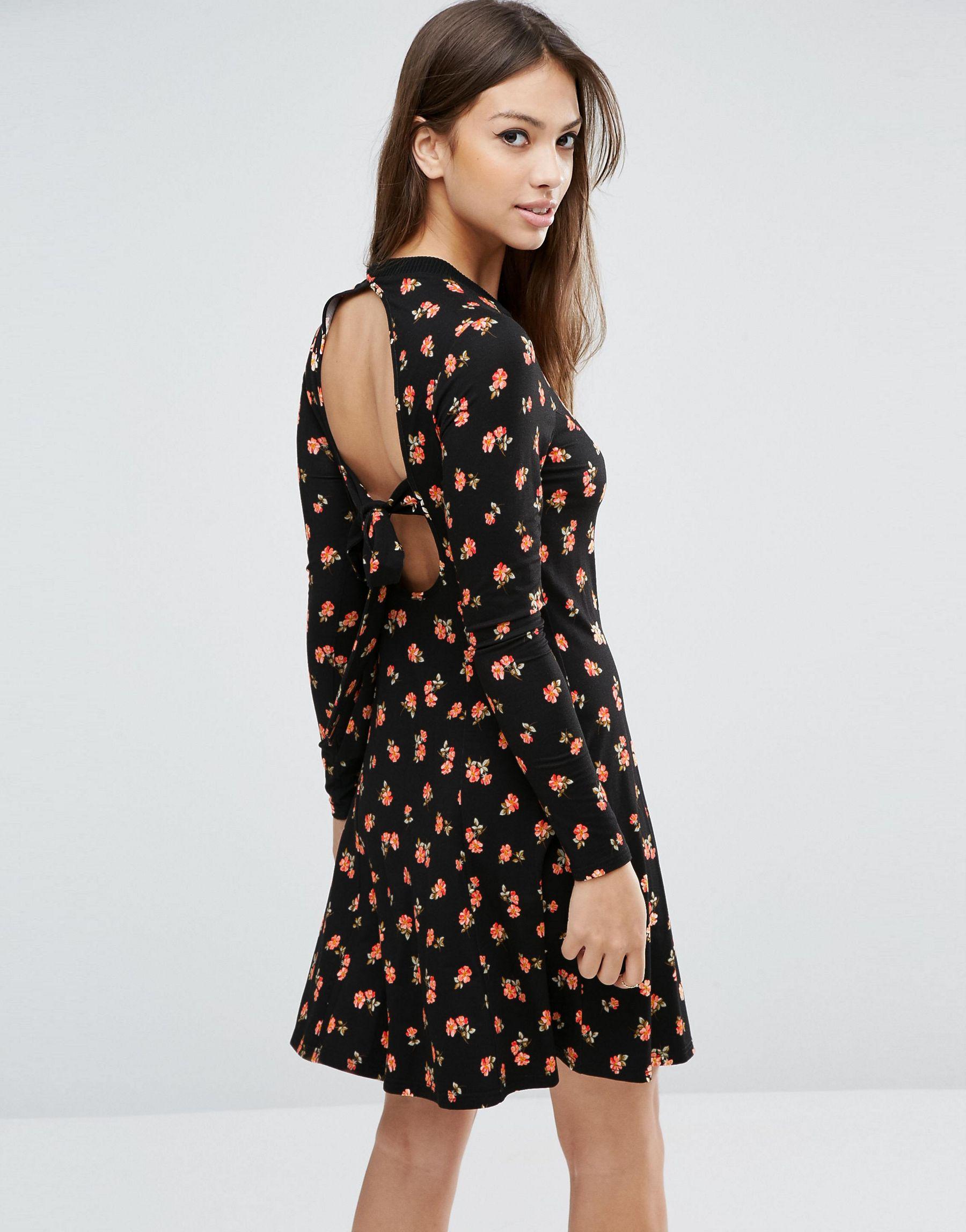 Asos Mini Skater Dress In Ditsy Floral With Open Back in Black | Lyst