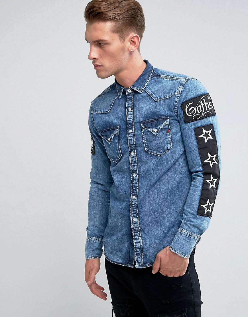 Lyst Replay Regular Fit Patches Denim Shirt in Blue for Men