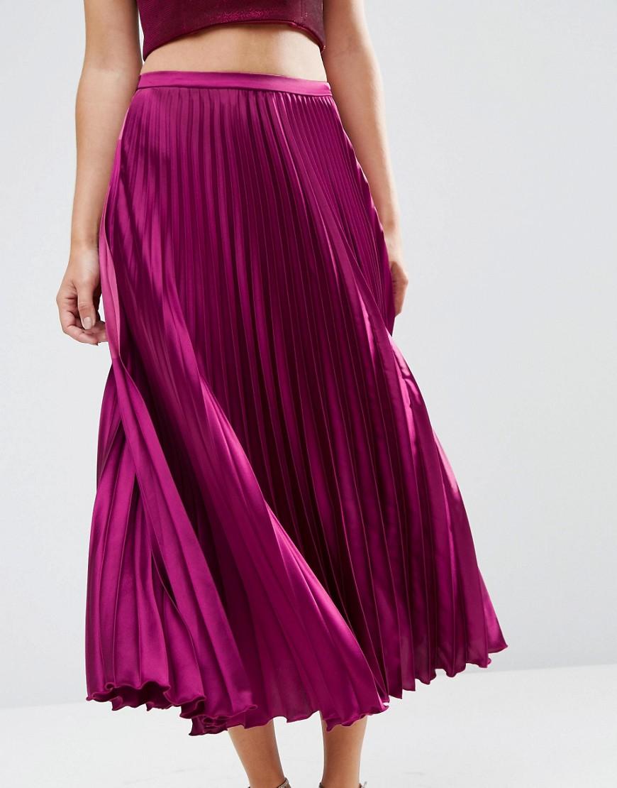 Lyst - Asos Midi Skirt In Pleated Satin in Purple