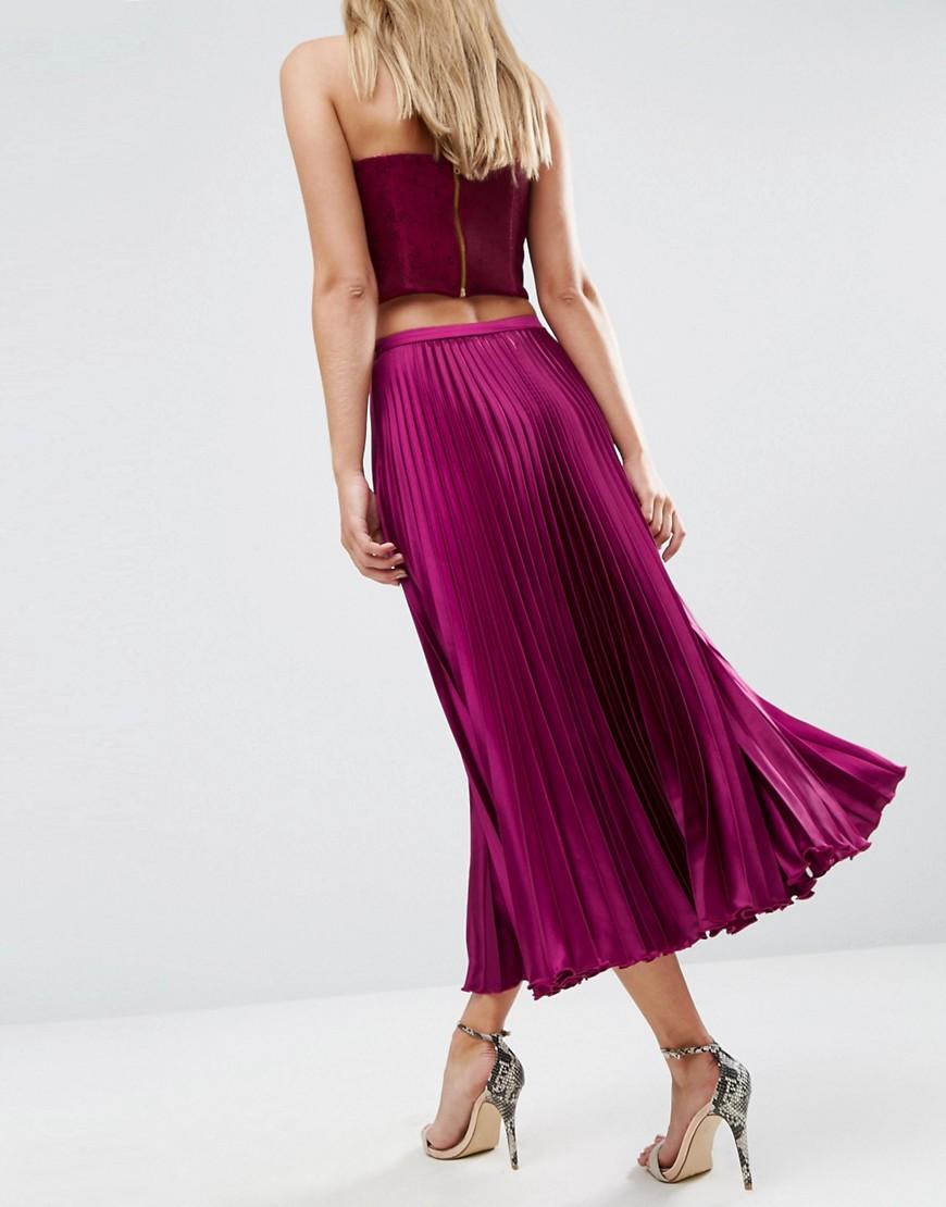 Lyst - Asos Midi Skirt In Pleated Satin in Purple