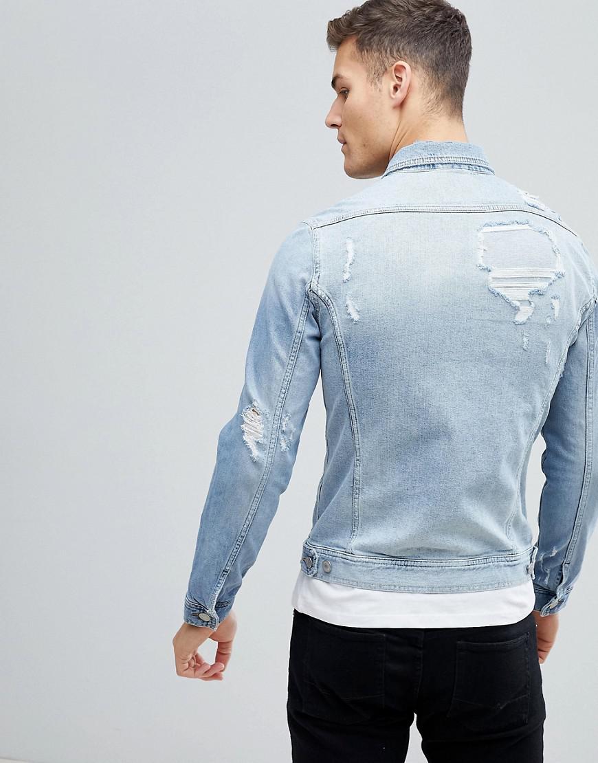 Jack & Jones Intelligence Denim Jacket With Rip Repair In Organic ...