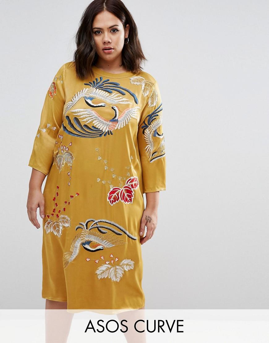  Asos  Mustard  Embroidered Long Sleeve Shift Dress  in Yellow 