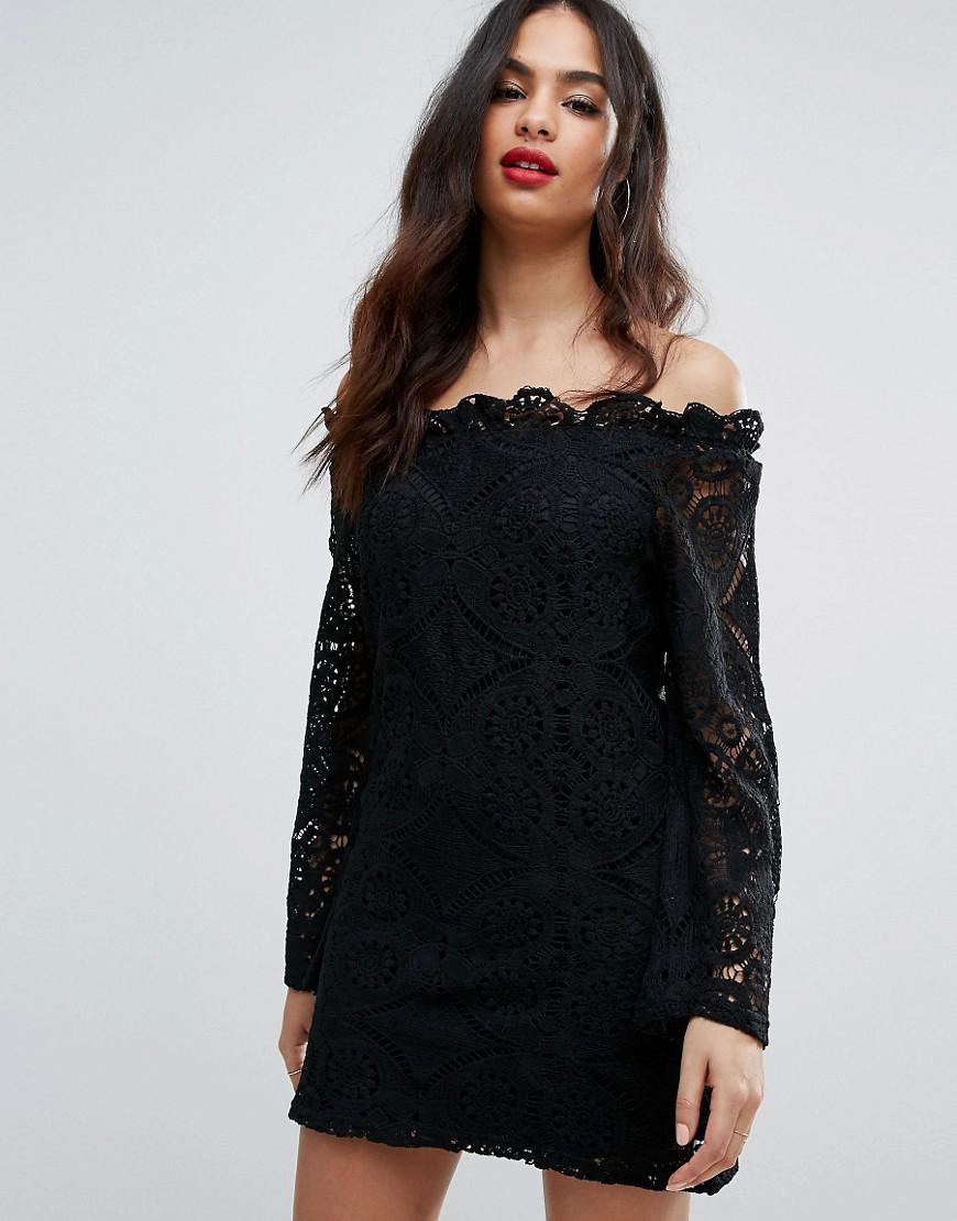 Lyst - Prettylittlething Lace Bardot Swing Dress in Black