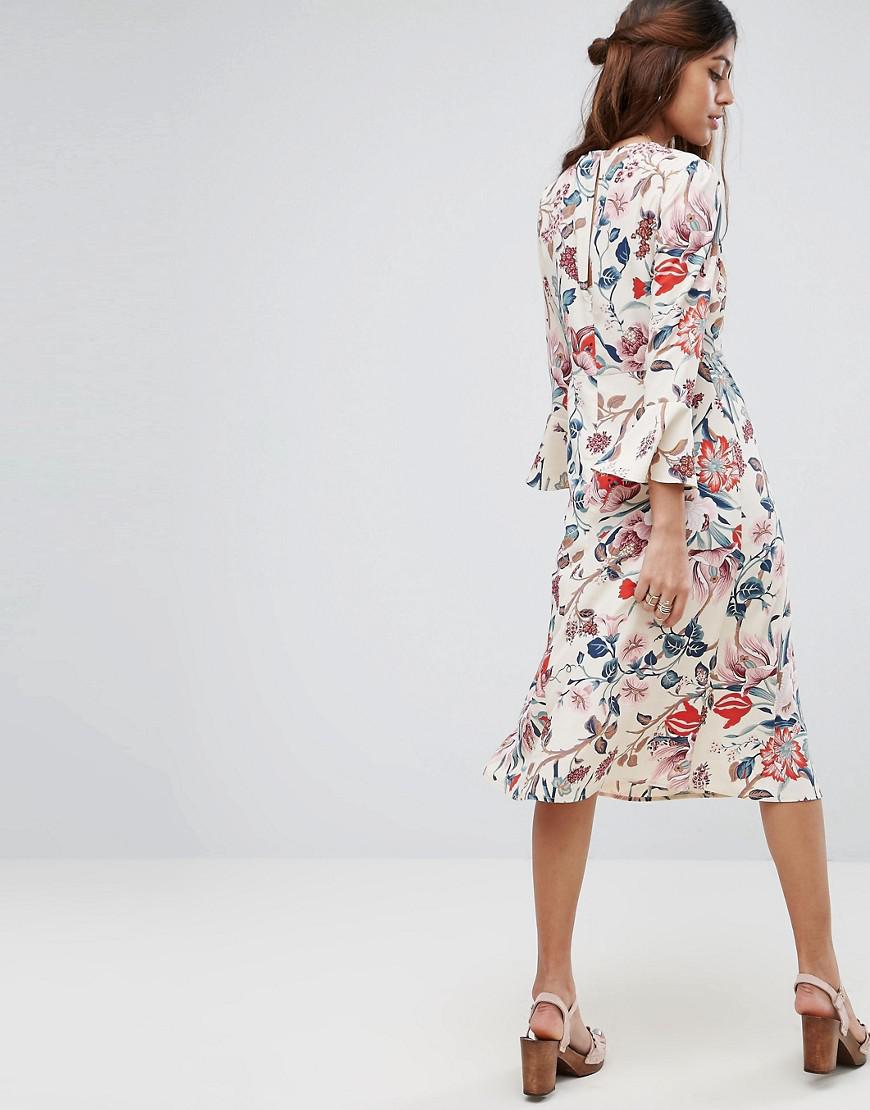 Lyst - Asos Printed Midi Column Dress With Fluted Sleeve In Floral Print