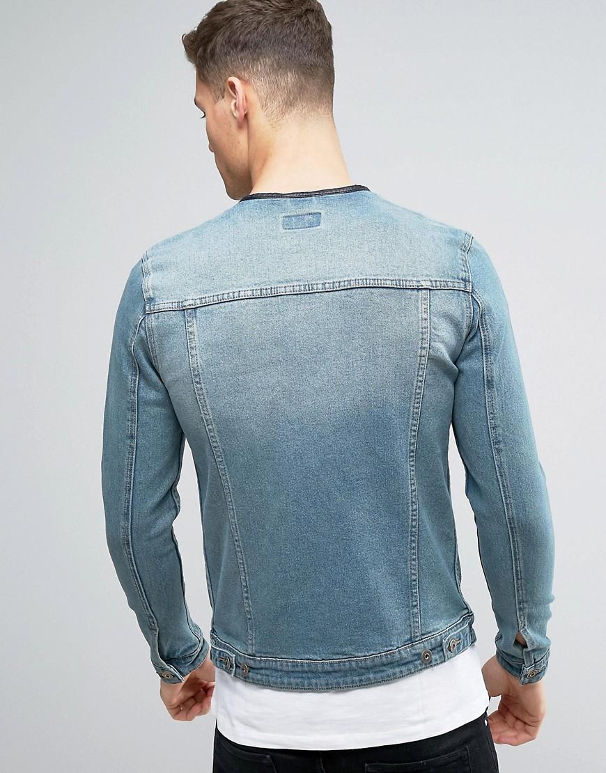 Lyst Asos Collarless Denim Jacket In Mid Blue Wash In Blue For Men 2724