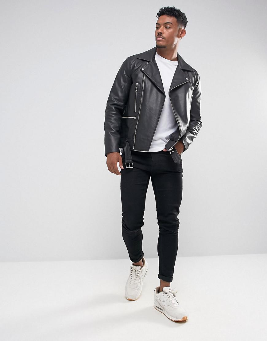 Lyst - Asos Leather Biker Jacket With Belt In Black in Black for Men