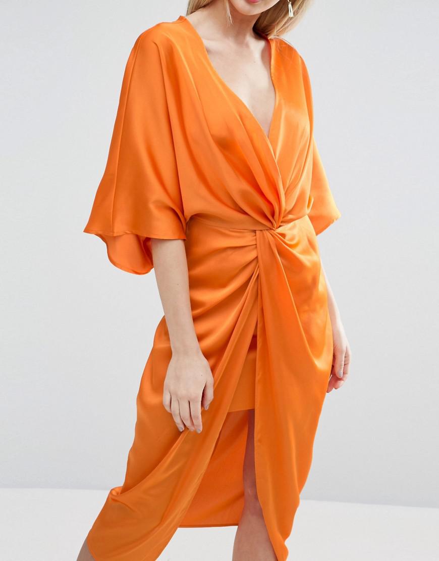 Lyst - Asos Kimono Twist Front Midi Dress in Orange