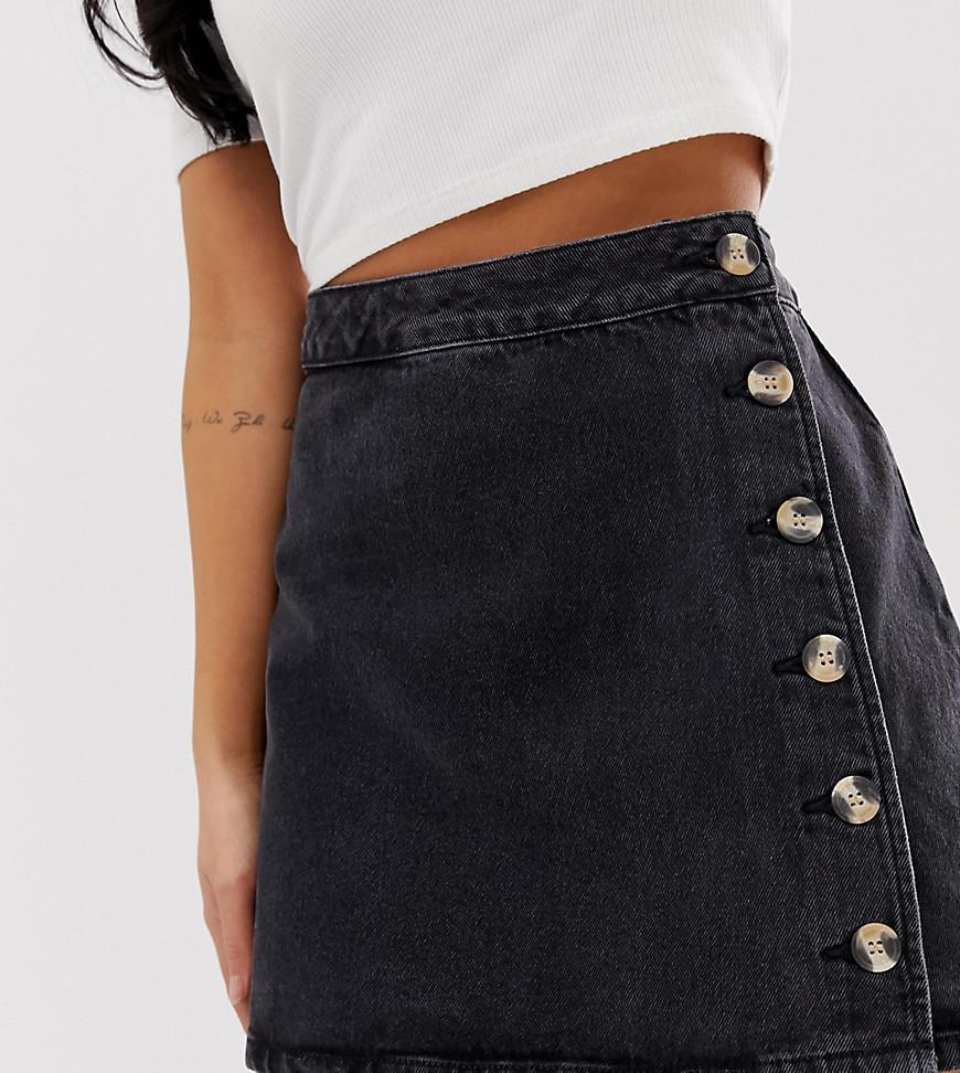 ASOS Asos Design Petite Denim Wrap Skirt With Buttons In Recycled Washed Black in Black Lyst